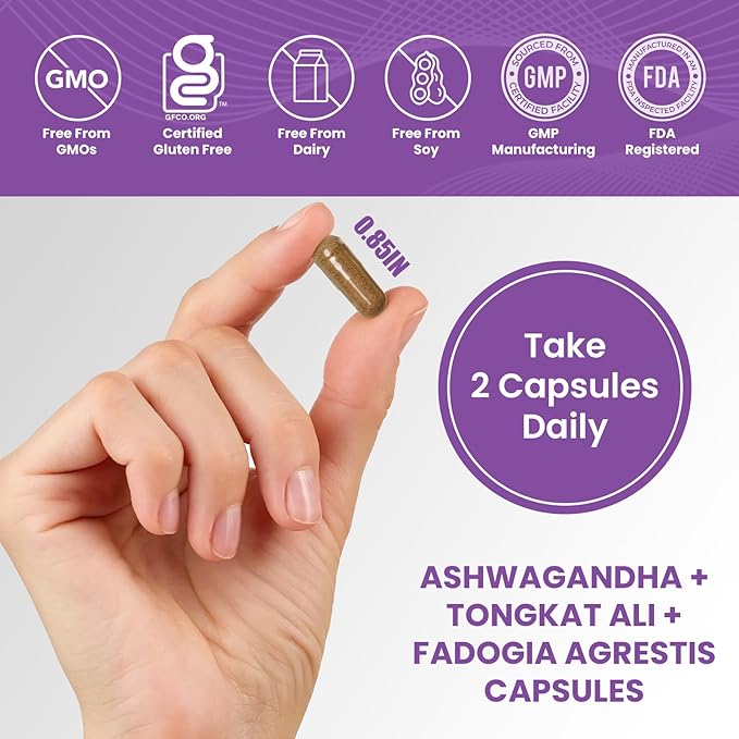 SUPER SUPPLEMENTS Ashwagandha Capsules + Tongkat Ali + Fadogia Agrestis - 120 Capsules, Organic Ashwagandha Supplement - Vegan Ashwagandha Root, Gluten-Free, Non-GMO, for Stress Relief, Energy & Sleep
