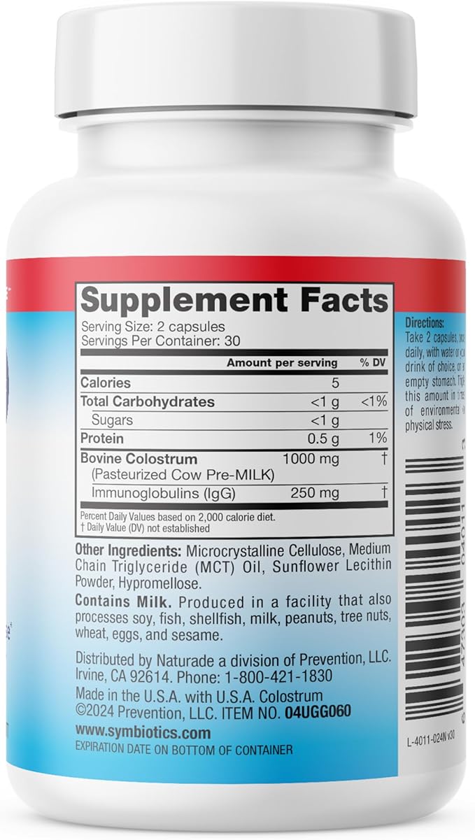 Symbiotics Colostrum 60ct Vegetable Capsules - Immunity Support - Lactoferrin Supplement & Colostrum Protein with Immunoglobulin - 25% lgG Antibodies - Gluten Free