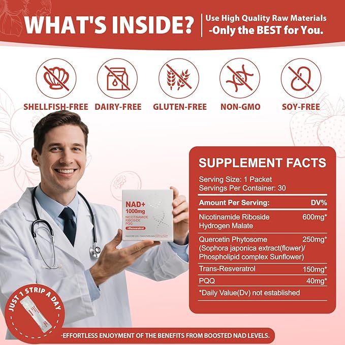 1000mg High-Potency NAD+ Liquid Supplement, Nicotinamide Riboside & Resveratrol with PQQ, Boosts Cellular Energy, Focus & Healthy Aging - 1 Pc