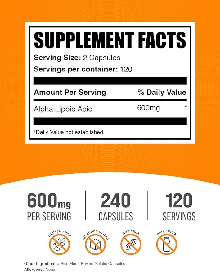 BulkSupplements.com Alpha Lipoic Acid Capsules - ALA Supplement, Alpha Lipoic Acid 600mg - Gluten Free - 240 Capsules (Pack of 1)