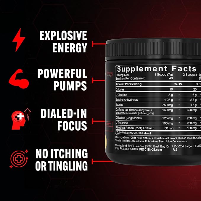 PEScience Prolific Pre Workout Powder for Men & Women with L-Citrulline Nitric Oxide Booster, Energy Powder & Nootropic for Focus – Preworkout Without Beta Alanine – 40 Scoops, Guava Pineapple Punch