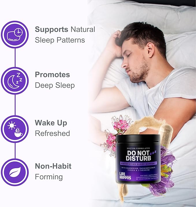 Life Happns Do Not Disturb Sleep Aid for Adults Natural Supplement with L-Theanine, Magnesium, Passion Flower & Evodia Fruit for Restorative Sleep Melatonin-Free, Non Habit-Forming, 60 Capsules