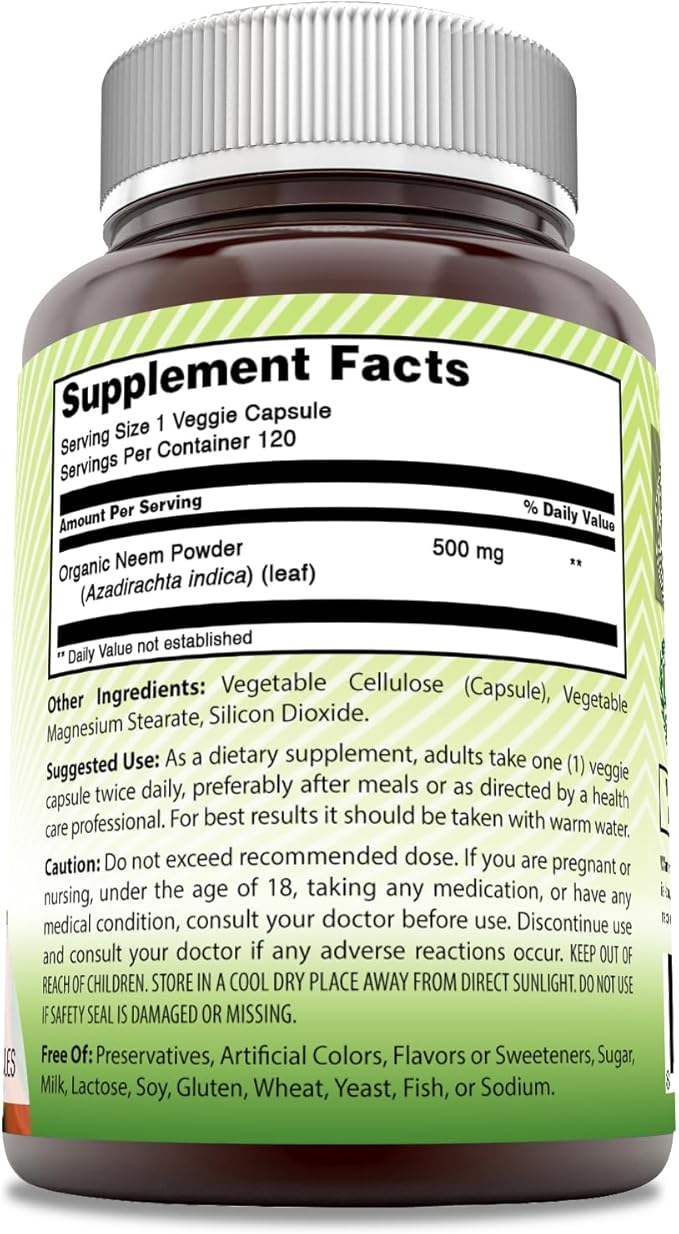 Amazing India Neem (Made with Natural Neem Leaf) 500 mg Veggie Capsules Supplement | Non-GMO | Gluten Free | Made in USA | Suitable for Vegetarians (120 | 2 Pack)