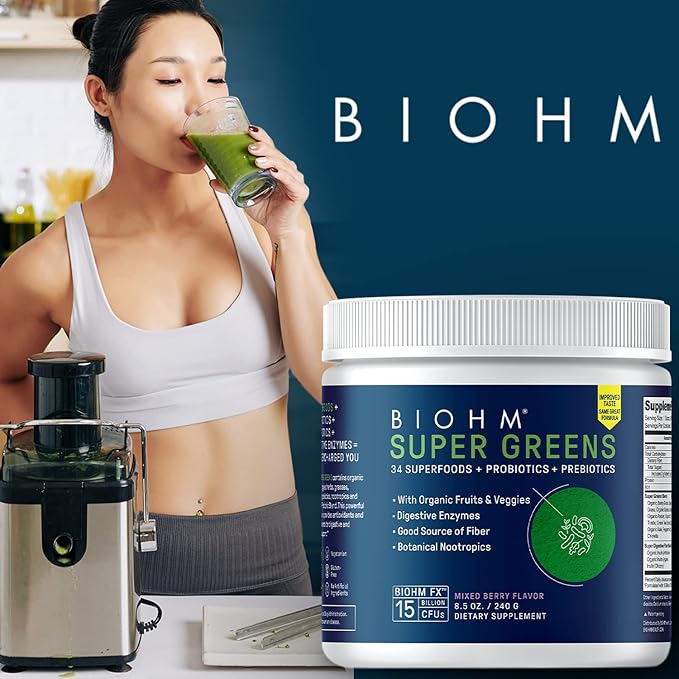 BIOHM Super Greens, Green Superfood Powder (8.5 Oz, 30 Servings) Antioxidant Veggie Powder & Smoothie Mix, 34 Superfoods & Spirulina, Digestive Enzymes, Prebiotics and Probiotics, Mixed Berry Flavor