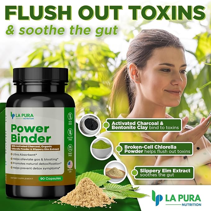 LaPura Power Binder Blend – Detox & Cleanse with Activated Charcoal, Organic Chlorella Powder & Slippery Elm Extract – Helps Alleviate Gas & Bloating – Promotes Natural Detoxification - 90 Capsules
