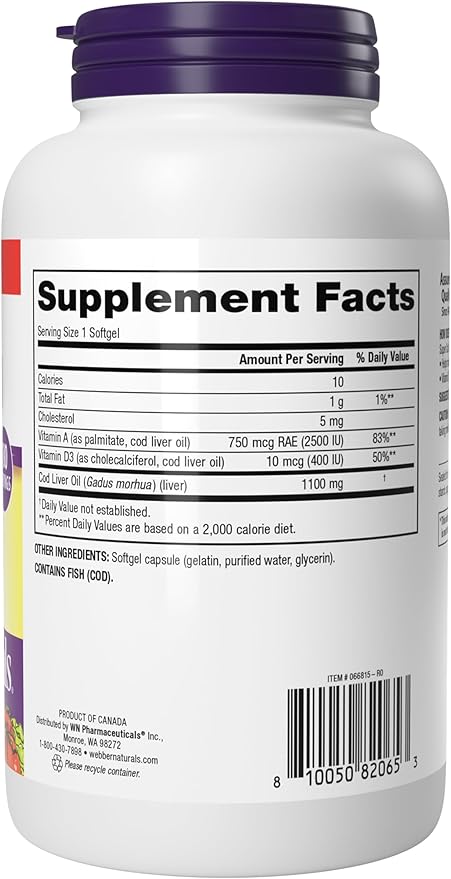 Webber Naturals Super Cod Liver Oil with Vitamin A and D3, 1100 mg Cod Liver Oil per Softgel, 180 Softgels, Value Size, Dairy, Gluten and Shellfish Free, Immune Support