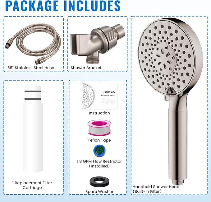 Filtered Shower Head with Handheld, High Pressure 9-Spray Modes Detachable Shower Head with Filter for Hard Water-Remove Chlorine & Impurities, Improve Skin & Hair Health, Brushed Nickel