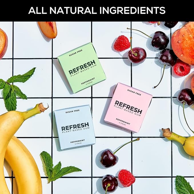 Refresh Gum, Xylitol, Natural, Sugar Free, Plastic Free, Aspartame Free, Natural Flavors & Organic Ingredients, Plant-Based, Low Calorie, Non GMO, Gluten Free, Vegan, Variety Pack Flavor, 12 Pcs, 5 Pack