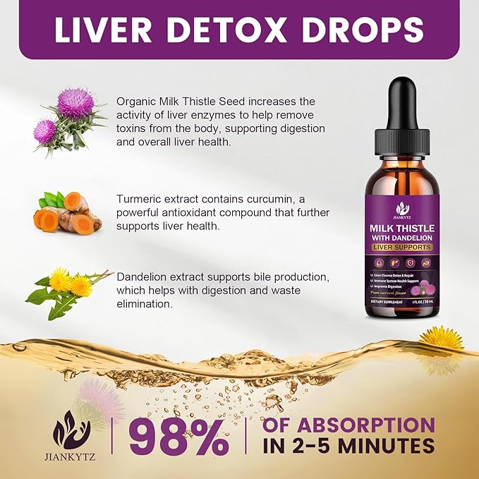 (4 Pack) Milk Thistle Supplement for Liver Cleanse Detox & Repair, Liver Detox Drops with Organic Milk Thistle Seed, Artichoke Extract, Dandelion, Turmeric and Vegan, Non-GMO, Gluten-Free, 1 Fl Oz