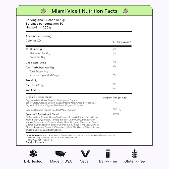 Kiala Nutrition Super Greens, Organic Greens Powder with Spirulina & Chlorella for Digestion, Gut Health, Immunity, Energy, Gluten Free, Vegan, Sugar Free, Spectra Blend, Miami Vice Flavor 30 Servings