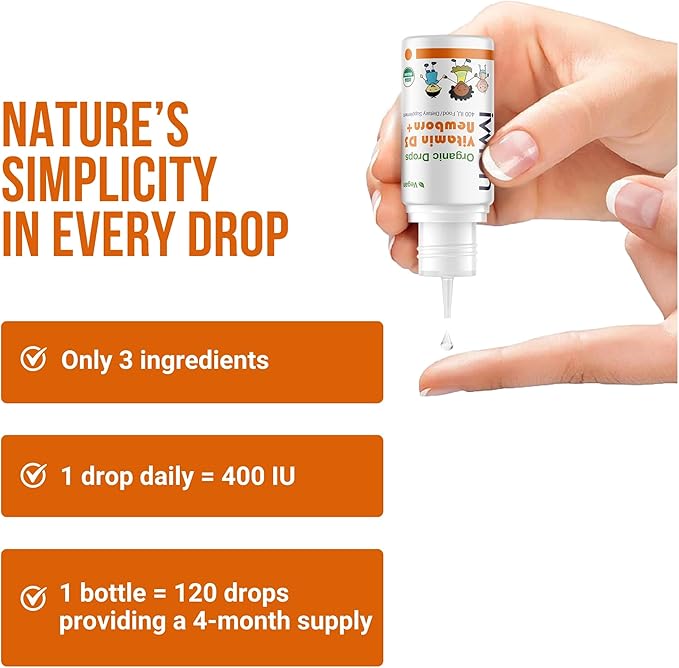 Organic Vegan 400IU, Vitamin D3, 120 Drops β Baby Drop for Infants & Toddlers | USDA Organic, Non-GMO, Plant-Based, No Additives or Preservatives, All Natural, Made in UK