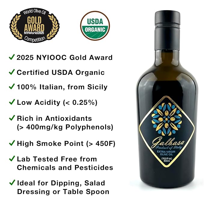 Galbasa - Organic Olive Oil from Sicily, Italy - Extra Virgin, First Cold Pressed, Early Harvest - Polyphenol Rich, Peppery Finish, No Pesticides - 16.9 fl oz