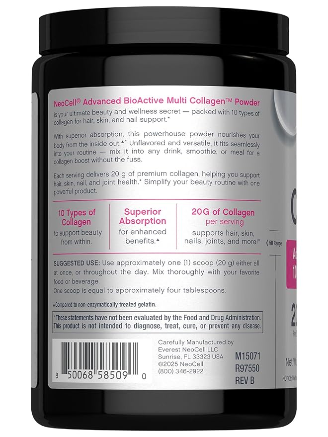 NeoCell Super Multi Collagen Peptides Powder | 9oz | 10 Types of Collagen | Skin, Hair and Nails | Beauty Supplement | Unflavored Powder | For Women and Men
