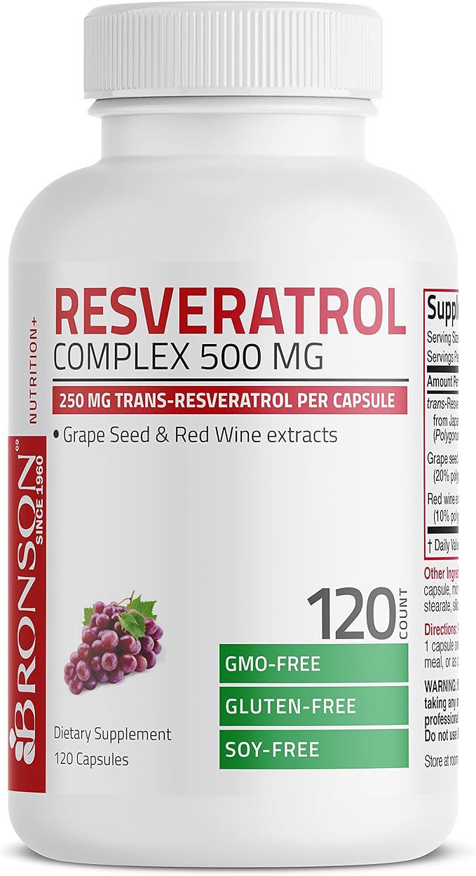 Bronson Resveratrol 500 Complex Standardized Trans-Resveratrol + Grape Seed & Red Wine Extract, 120 Capsules
