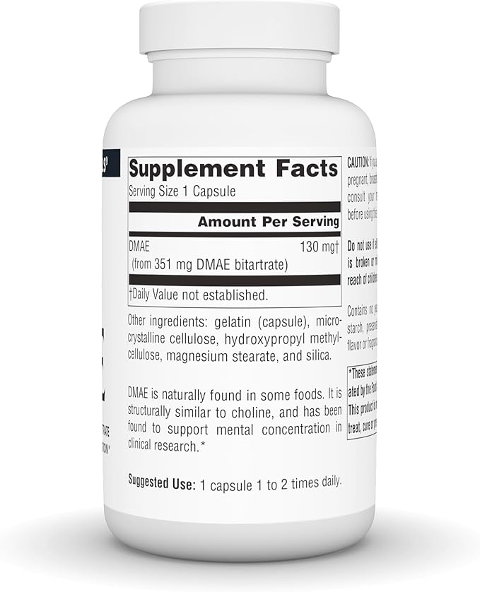 Source Naturals DMAE, Dimethylaminoethanol Bitartrate - Supports Mental Concentration - 200 Capsules