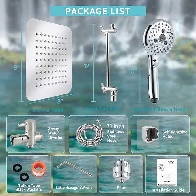 8'' Dual 20 Stage Filtered Shower Head with Handheld, 6 Spray Settings Handheld Shower Head High Pressure Rainfall Filter Combo with 12'' Adjustable Extension Arm, 71'' Shower Hose (Chrome Polished)
