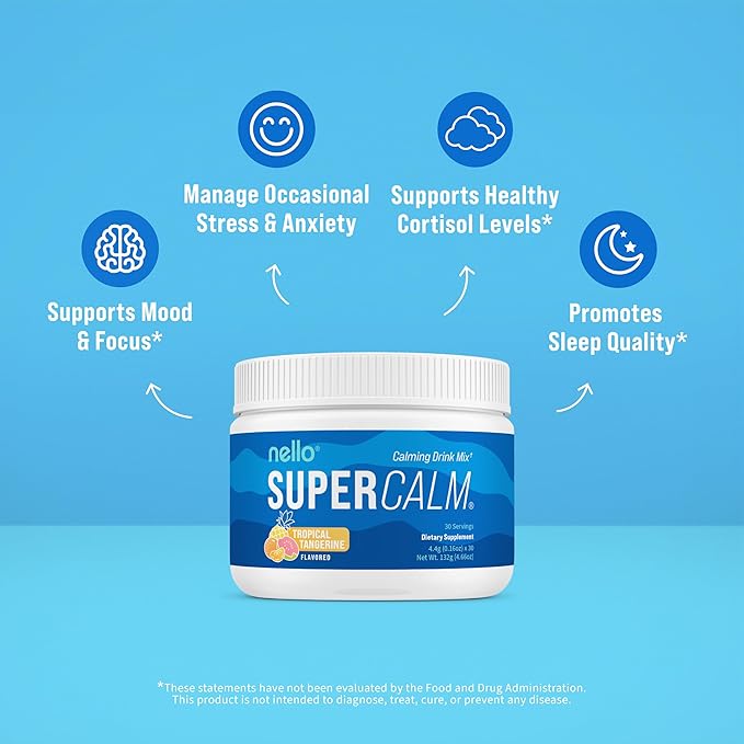 Supercalm Powdered Drink Mix, Tropical Tangerine, L Theanine, Ksm-66 Ashwagandha, Magnesium Glycinate, Vitamin D 3, Supplements for Relaxation & Focus, Natural, No Sugar, Non GMO, 30 Srvg