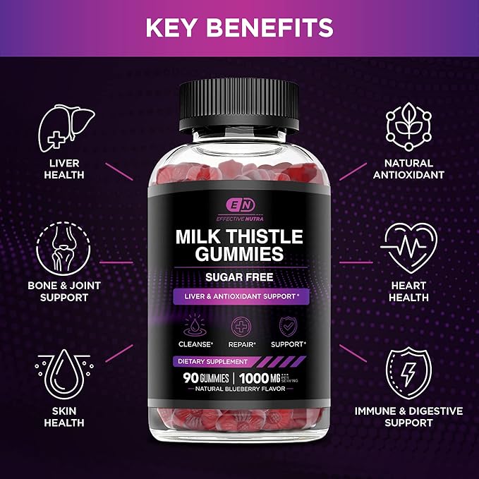 Milk Thistle Gummies | Sugar-Free Milk Thistle Extract 1000mg for Liver Detox & Antioxidant Support | Vegan, Gluten-Free| 45-Day Supply, Natural Berry Flavor, Made in USA (90 Count)