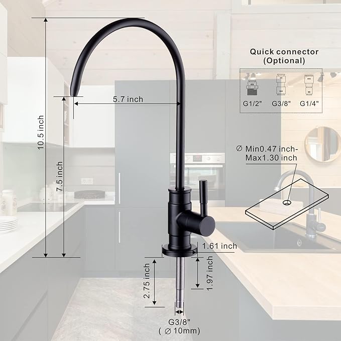 Matte Black Drinking Water Faucet for Reverse Osmosis Filtration System - Leadless Stainless Steel Kitchen Bar Sink Non Air Gap RO Filter