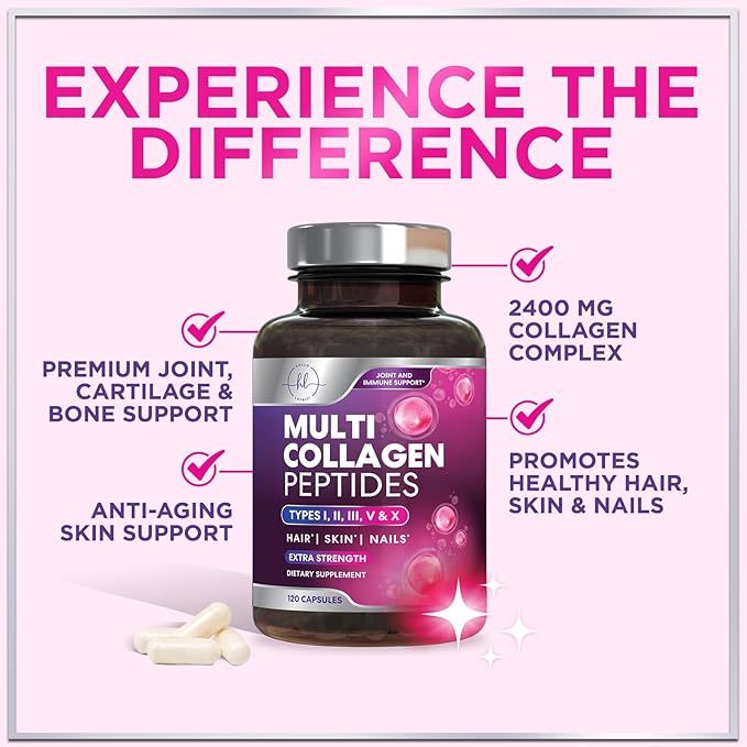 Multi Collagen Peptides Supplement - Hydrolyzed Types I, II, III, V & X Multi Collagen Pills, Hydrolyzed Collagen Peptides Supplements, Hair, Skin, Nail, and Joint Support Supplement, 120 Capsules