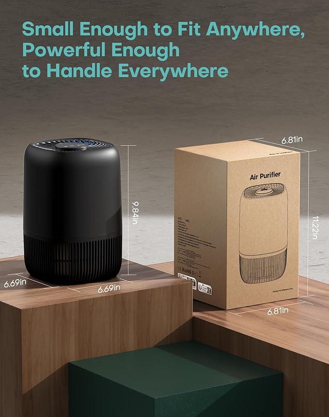 Air Purifiers for Office with H13 True HEPA Filter Up to 1076 Ft² for Pet Family, Pollen, Smoke, Compact Air Cleaner with 3 Speeds, Timer, Aroma Quiet, 360°Intake, for Home Bedroom, Black