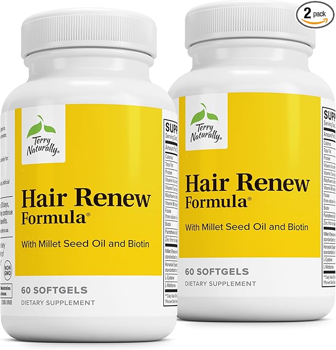 Terry Naturally Hair Renew Formula (2 Pack) - 60 Softgels - Supports Healthy Hair Growth, Nourishes Thinning Hair, Contains Millet Seed Oil, Horsetail, Biotin & Folic Acid - Gluten-Free - 60 Servings