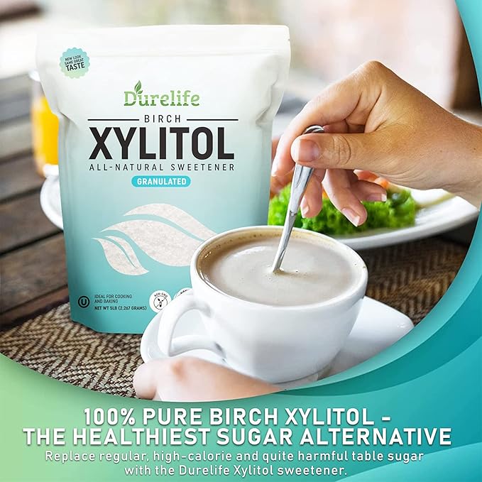 DureLife XYLITOL Sugar Substitute 2.5 LB (40 OZ) Made From 100 % Pure Birch Xylitol NON GMO - Gluten Free - Kosher, Natural sugar alternative,