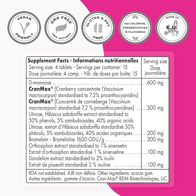 Supersmart U-Tract Forte (Advanced Formula) - with D-Mannose, CranMax Cranberry Concentrate, Dandelion Root - Herbal Supplement | Non-GMO & Gluten Free - 60 Tablets