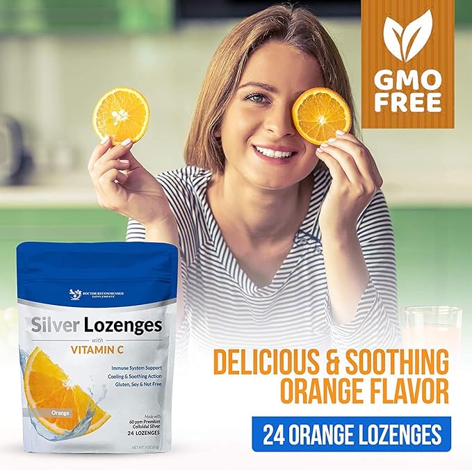 Silver Lozenges with Vitamin C - Premium Nano Silver 60 PPM Colloidal Silver, Organic Honey and Vitamin C Mineral Supplement Drops to Support Immune System, Soothe Cough & Throat - Pack of 2