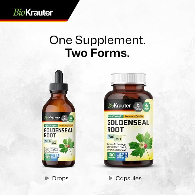 BIO KRAUTER Goldenseal Root Capsule 700 mg - 100 Golden Seal Powder Caps - Respiratory & Digestive Support - Vegan, No Fillers