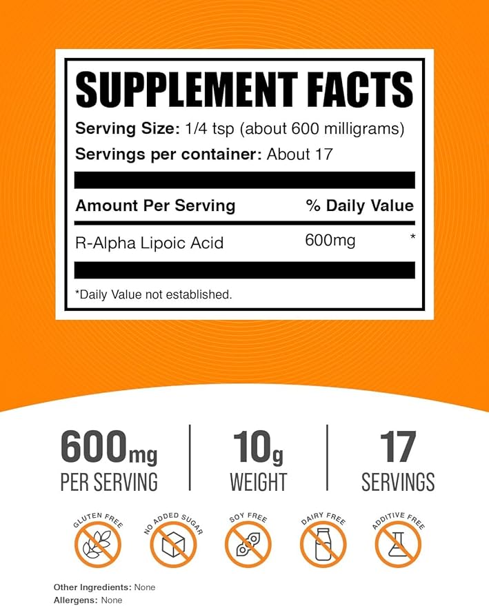BulkSupplements.com R-Alpha Lipoic Acid Powder - R-ALA Supplement, R Alpha Lipoic Acid 200mg - Antioxidants Supplement, Gluten Free, 200mg per Serving, 10g (0.35 oz) (Pack of 1)