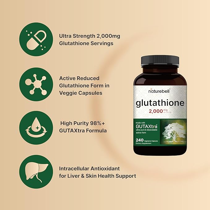 NatureBell Glutathione Supplement 2,000mg Per Serving, 240 Veggie Capsules | 98%+ Purity Verified, Bioavailable Reduced Glutathione Pills, Active Form, Master Antioxidant – Vegan Friendly & Non-GMO