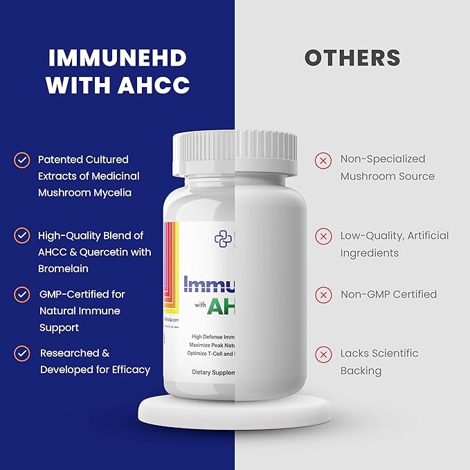 Immune-HD with AHCC Supplement for Immune Support,1500mg of AHCC Mushroom Extract + Olive Leaf & Quercetin with Bromelain, Natural Killer Cell Activity for Immune System, Liver Function, 90 Caps, RBG