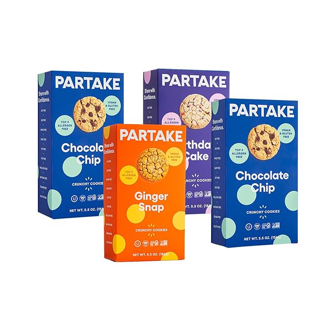 Partake Gluten Free Crunchy Cookies Variety Pack (Chocolate Chip, Ginger Snap, Graham Cracker) - Vegan - Free From the Top 9 Allergens Including Dairy, Wheat, Soy, Eggs, & Peanuts - Non GMO - Safe School & Office Snack (4 Pack, 5.5oz Boxes)