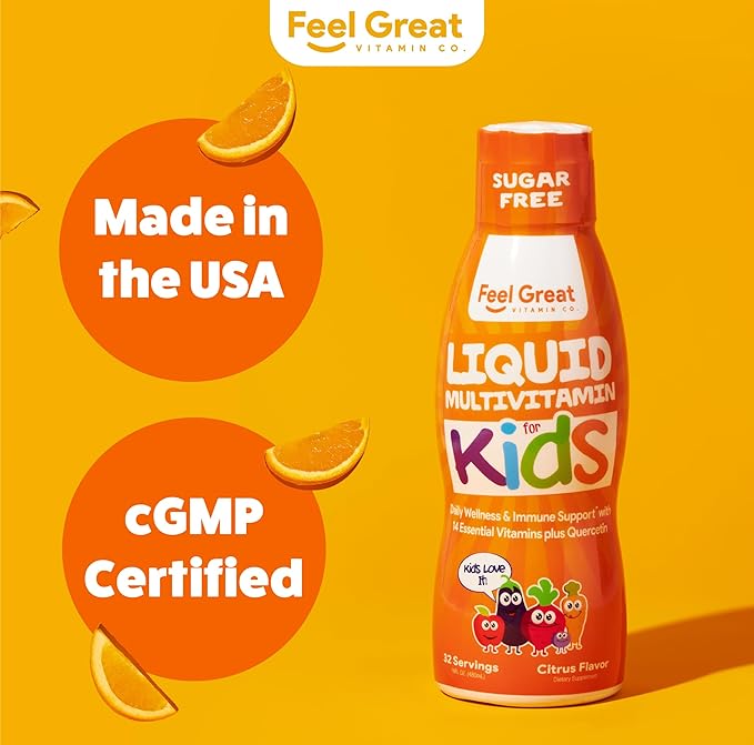 Feel Great Sugar Free Kids Multivitamin – Liquid Multivitamin | Essential Vitamins for Immune Support | Orange Flavored, Vegetarian Formula | 30 Day Supply