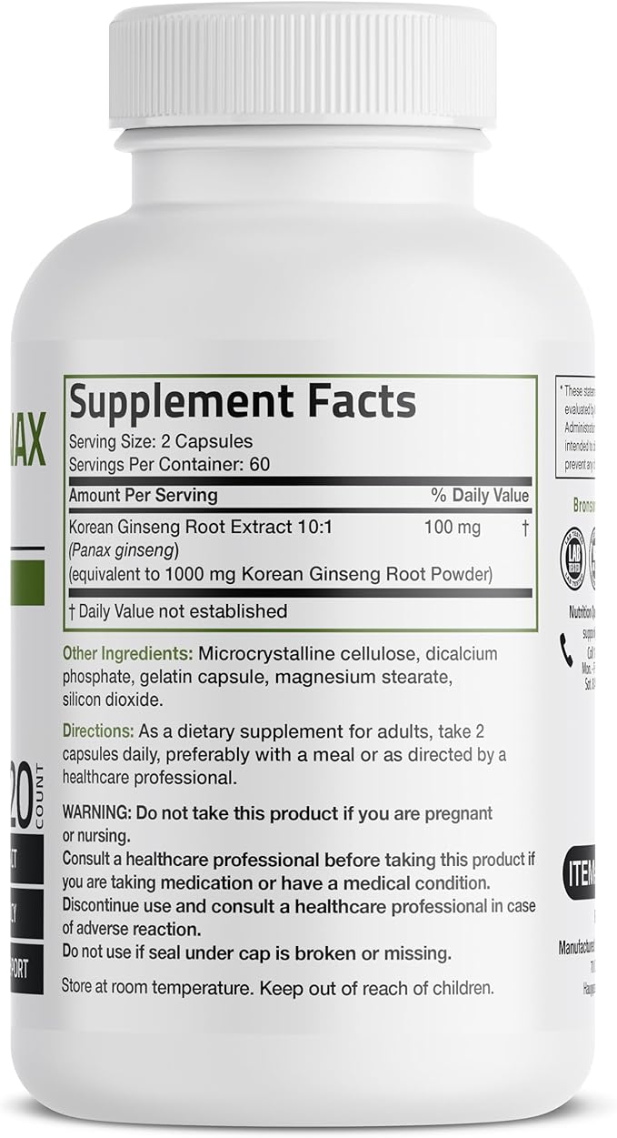 Bronson Korean Panax Ginseng Supports Energy, Endurance & Vitality + Memory and Mental Performance, 120 Capsules