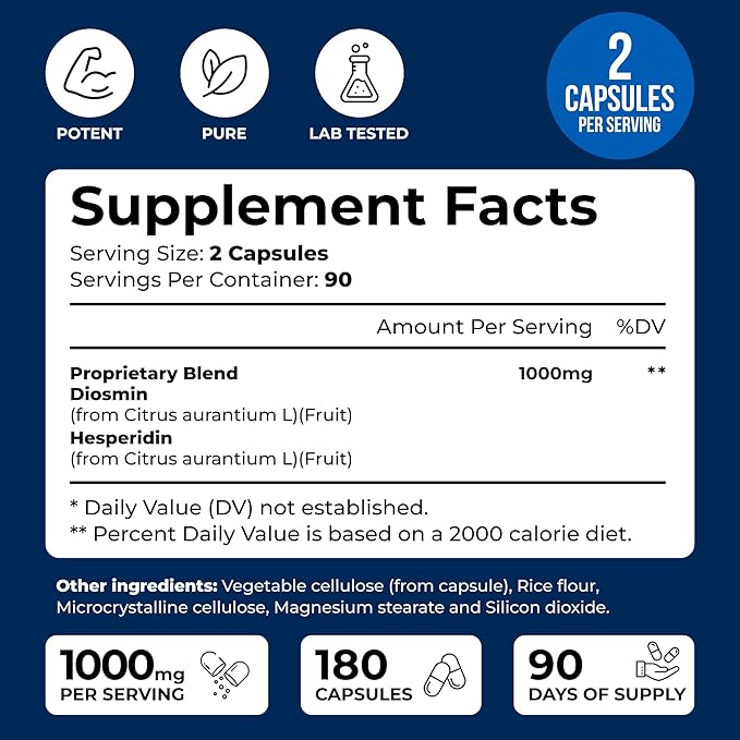 We Like Vitamins Diosmin Hesperidin 1000mg – 180 Capsules – 90 Day Supply - Diosmin and Hesperidin Supplement – Helps to Support Healthy Circulation, Veins, Capillaries, and Lymphatic Drainage
