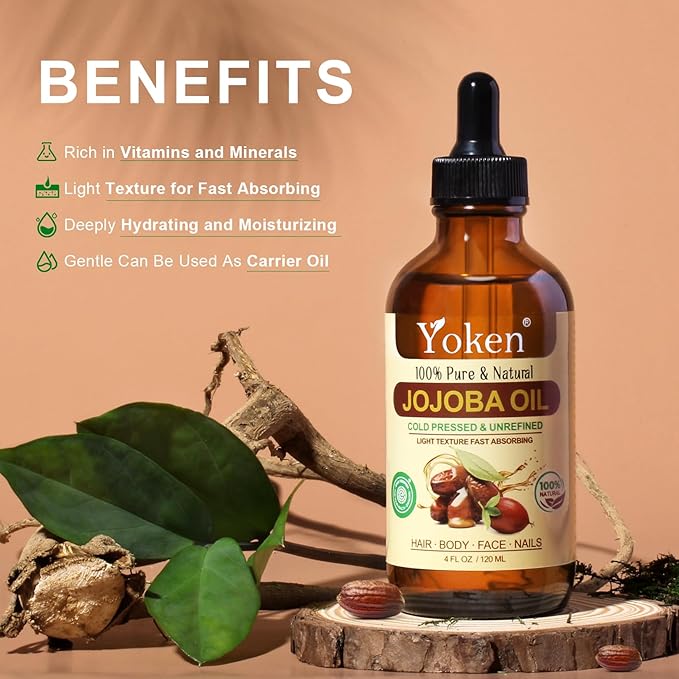 Yoken Jojoba Oil 4 fl oz EWG Verified 100% Pure Jojoba Oil Cold Pressed for Skin, Hair, Nails, Cuticles - Unrefined & Hexane Free, Natural Moisturizer Carrier oils Facial Serum for Gua Sha