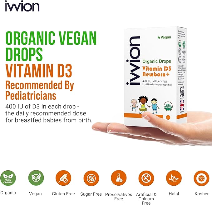 Organic Vegan 400IU, Vitamin D3, 120 Drops β Baby Drop for Infants & Toddlers | USDA Organic, Non-GMO, Plant-Based, No Additives or Preservatives, All Natural, Made in UK