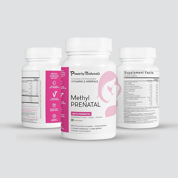 Power By Naturals Methyl Prenatal with Probiotics, Methylated Prenatal Vitamins for Women with Iron, B12, Choline, Ginger and 27+ Essential Nutrients, 60 Capsules
