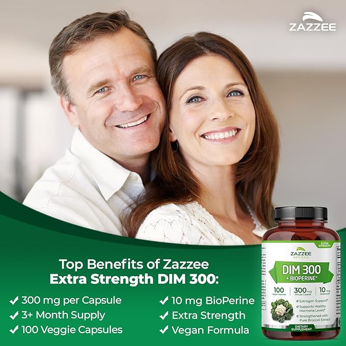 Zazzee DIM 300 mg Per Capsule, 100 Count, Plus 10 mg BioPerine, Estrogen Balance, Hormonal Acne, Menopause Support, Hormonal Balance, Diindolylmethane, Vegan, All-Natural, Non-GMO, Made in The USA