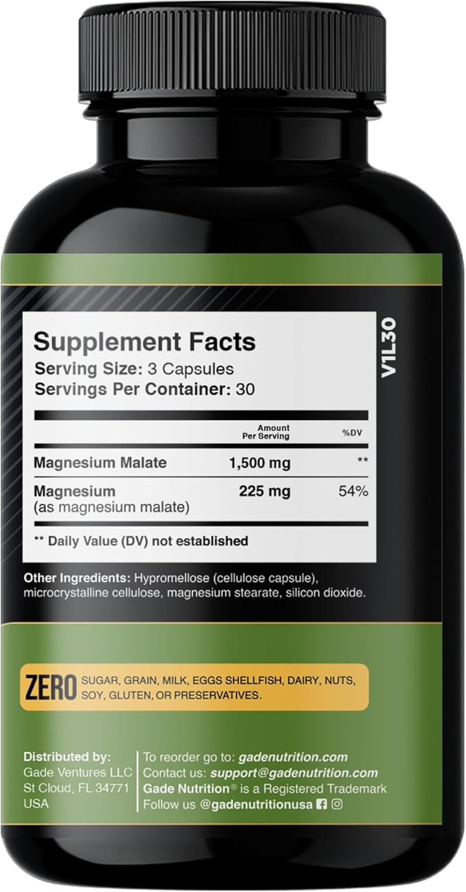 Gade Nutrition Magnesium Supplement as Magnesium Malate | Vegetable Capsules 1,500 mg Made with Calm Magnesium Powder | Magnesium Complex Made in USA