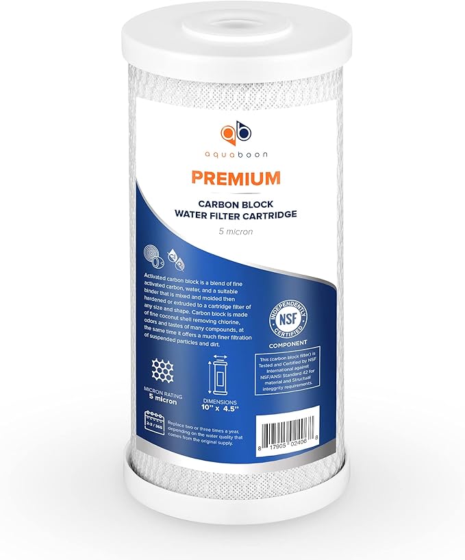 Aquaboon 5 Micron 10 x 4.5 Premium Carbon Filter Cartridge Whole House CTO Block Water Filter Replacement Compatible with FXHTC, CB-BB-10, 4-Pack