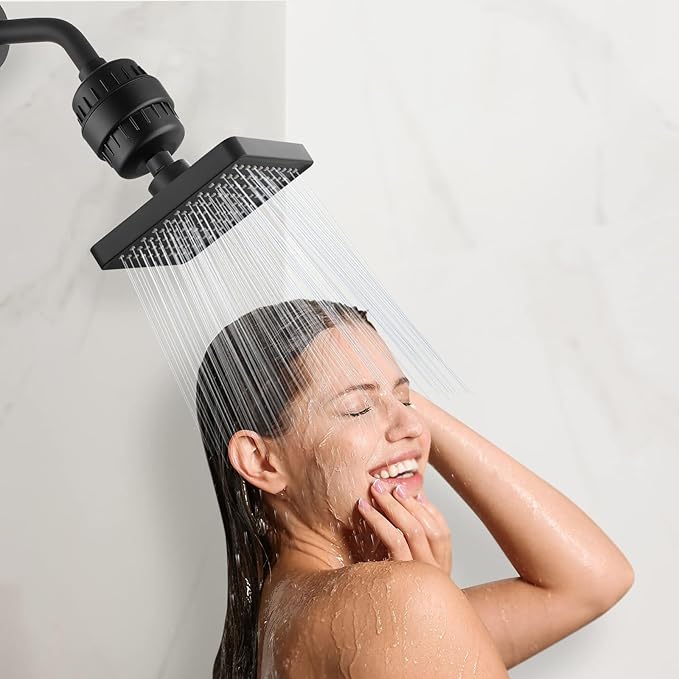 High Pressure Filtered Shower Head Set, 6’’ Rain Shower Filter for Hard Water, Universal Square Showerhead 20 Stage Filtration Removes Impurities for Rejuvenated Skin by Eolax, Matte Black