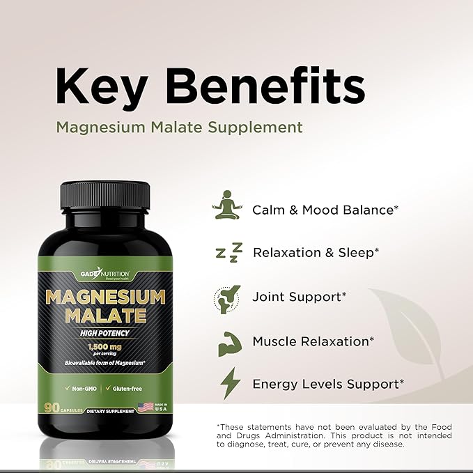 Gade Nutrition Magnesium Supplement as Magnesium Malate | Vegetable Capsules 1,500 mg Made with Calm Magnesium Powder | Magnesium Complex Made in USA
