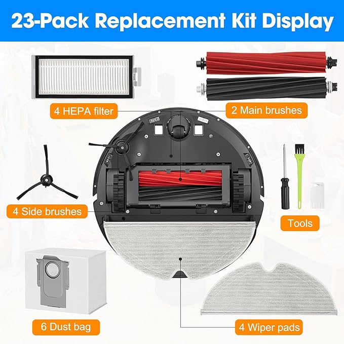 23PCS Replacement Accessories Kit Compatible with Roborock Q8 Max+/Q5 Pro+/Q5 Max+/Q5 DuoRoller+ Includes Dual Main Brush, HEPA Filters, Mop Pads, Side Brushes, Cleaning Tools