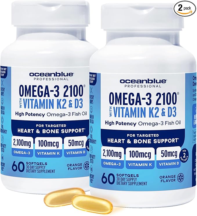 Oceanblue Professional Omega-3 2100 with Vitamin K2 and Vitamin D3-120 Count 2 Pack- Triple Strength Burpless Fish Oil Supplement with EPA, DHA & DPA - Wild Caught - Orange Flavor, 60 Servings