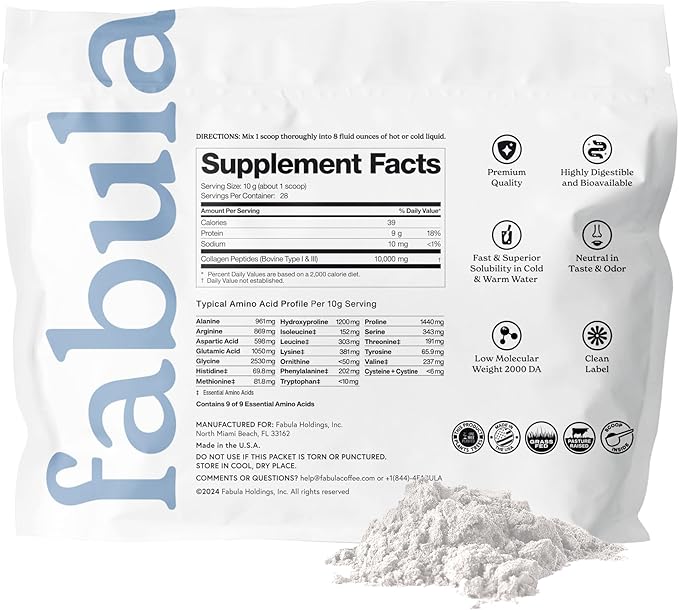 Fabula Collagen Peptides Powder, Hydrolyzed Bovine Collagen Type 1, Type 3 - Grass-Fed, Non-GMO, Gluten Free - Flavorless, 9.9 Oz, 28 Servings