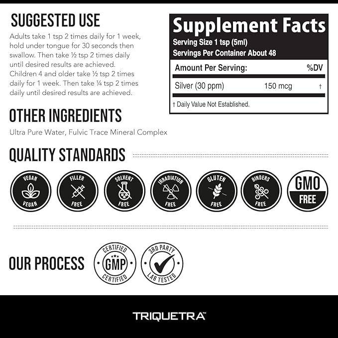Bioactive Colloidal Silver - 8 oz, Glass Bottle, Vegan, Safe Doses with Highest Effectiveness - Nano Ions, 30 PPM - Immune Support (48 Servings)