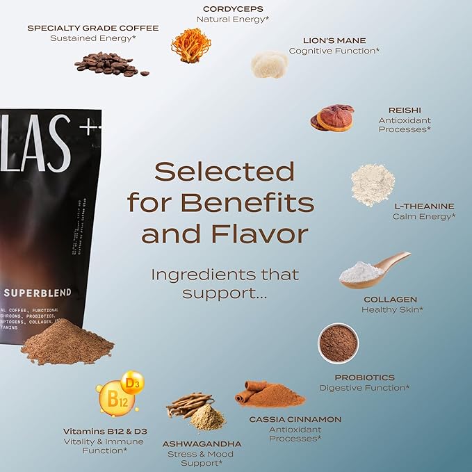 Atlas+ Coffee Superblend– Instant Mushroom Coffee with Lion’s Mane, Reishi, Cordyceps, Ashwagandha, Probiotics, Vitamin D3 & B12– for Energy, Focus, Immunity & Gut Health– 56 Servings (2 Bags)